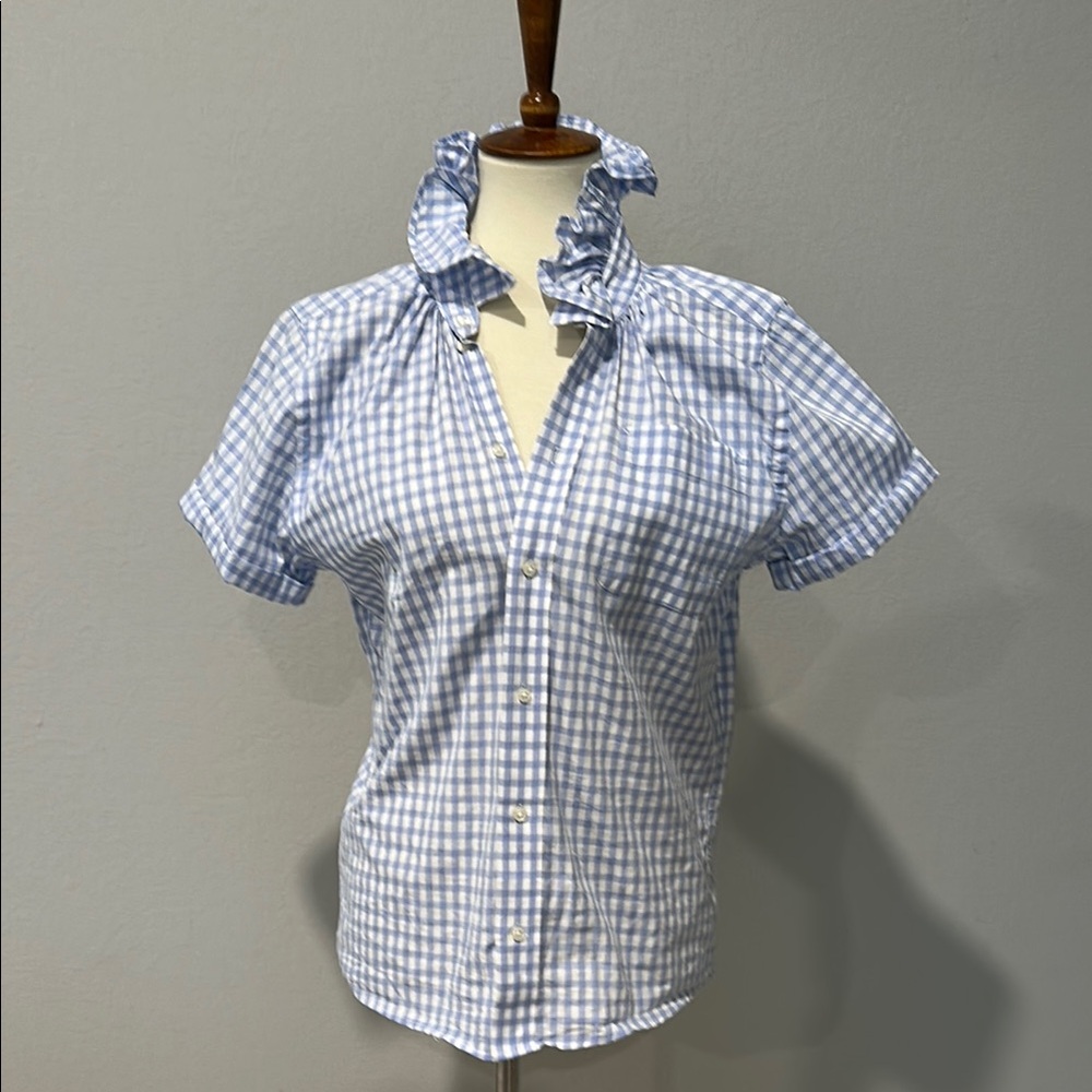 kmj quarantini Blue and White Gingham Ruffle Collar Blouse